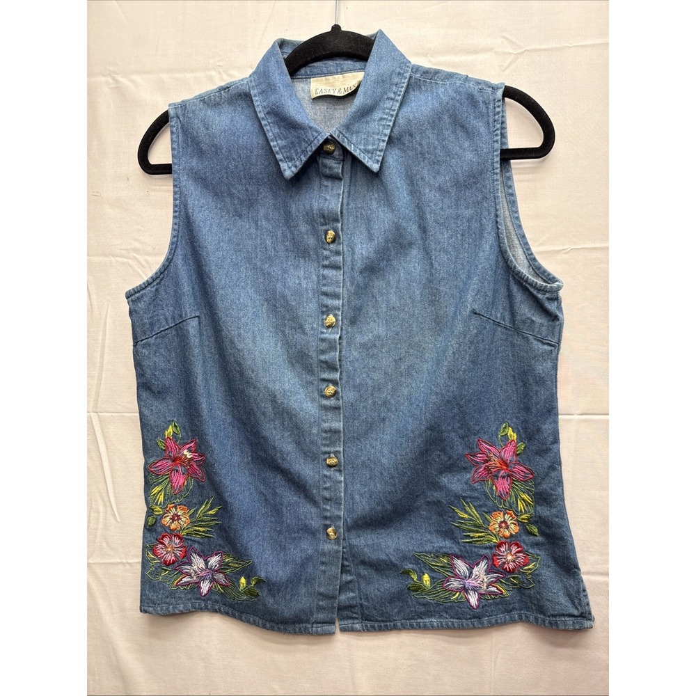 VTG 90's Y2K Casey & Max Flower Embroidered Denim Vest Shirt Cottagecore Sz M